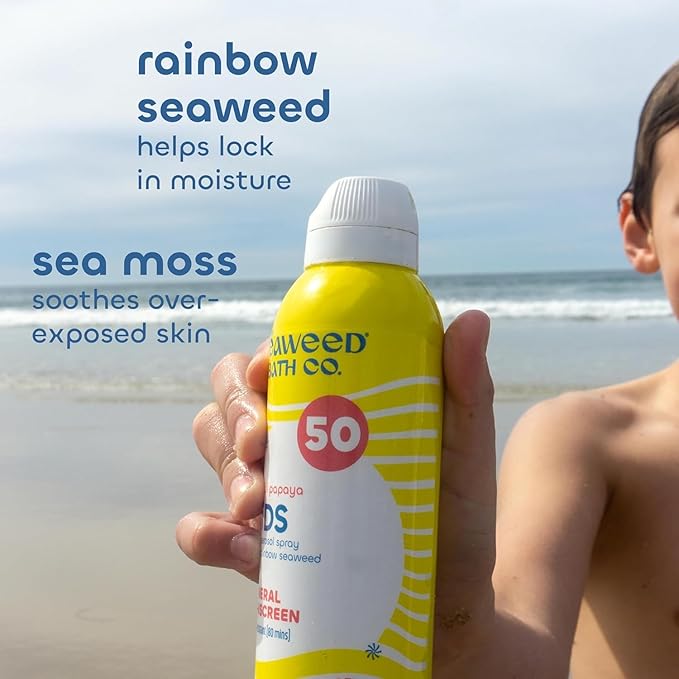 Seaweed Bath Co. Kid's Mineral SPF 50 Broad Spectrum Sunscreen Spray 6 Ounce (Pack of 2) Papaya Scented Water Resistant Tear Free Sensitive Formula with Zinc Oxide Rainbow Seaweed Watermelon