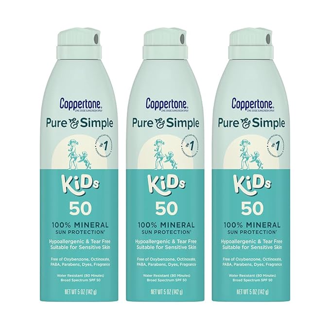Coppertone Pure and Simple Kids Sunscreen Spray SPF 50 Zinc Oxide Mineral Sunscreen for Sensitive Skin Hypoallergenic and Tear Free 5 Oz Can Pack of 3