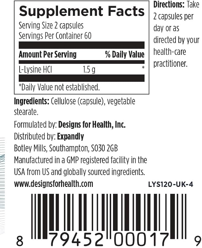 Designs for Health L-Lysine HCL Pills 1500mg - Amino Acid Lysine Hydrochloride Nutritional Supplement for Adults - Immune + Bone Health Support - Vegan + Non-GMO (120 Capsules)