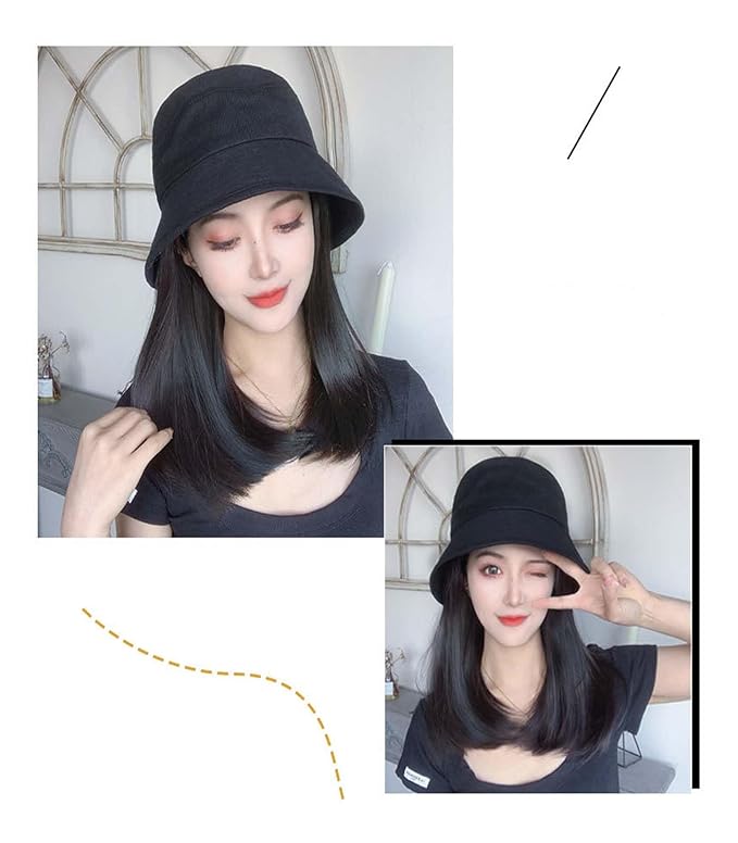 Detachable women's wig hat autumn summer bucket fisherman hat medium length hair with inner buckle collarbone wig