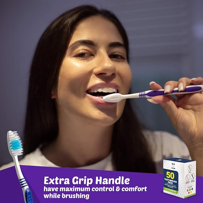 Bulk Toothbrushes 50 Pack | Individually Wrapped Travel Toothbrush Set for Adults &amp Kids | Made with a Medium-Soft Large Brush Head | BPA-Free &amp Disposable!
