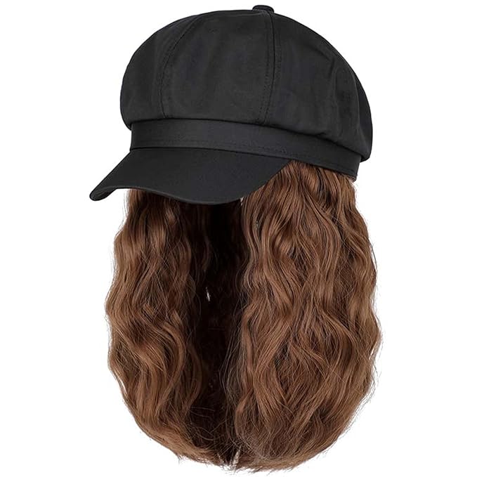 YEKEYI Beret Hat with Hair Newsboy Cap with Bob Hair Extensions Hat Wig Visor Beret Short Curly Wavy Hairpiece for Women