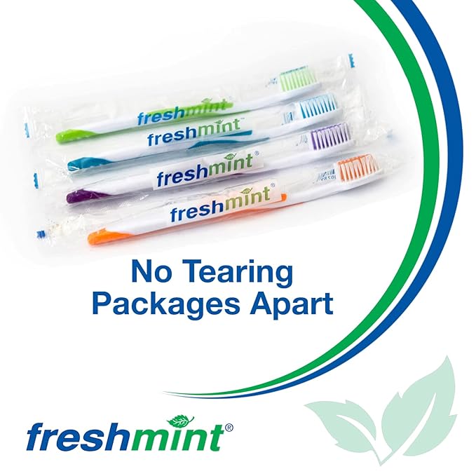 FRESHMINT Individually Wrapped Bulk Premium Toothbrushes (100 Pack) Oversized Easy Grip Rubber Handle Soft Multi Color Nylon Bristles Perfect for Travel Hotel Donation