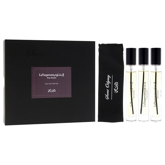 Rasasi Scent Odyssey La Yuqawam for Women | 3-Piece Mini Gift Set | Includes 0.25oz La Yuqawam Pour Femme EDP Spray | 0.25oz Jasmine Wisp EDP Spray | 0.25oz Orchid Prairie EDP Spray