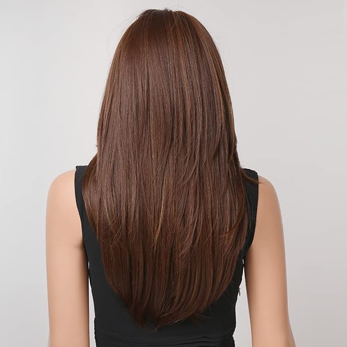 HAIRCUBE Long Layered Synthetic Hair Wigs for Women with Bang (Reddish Brown)