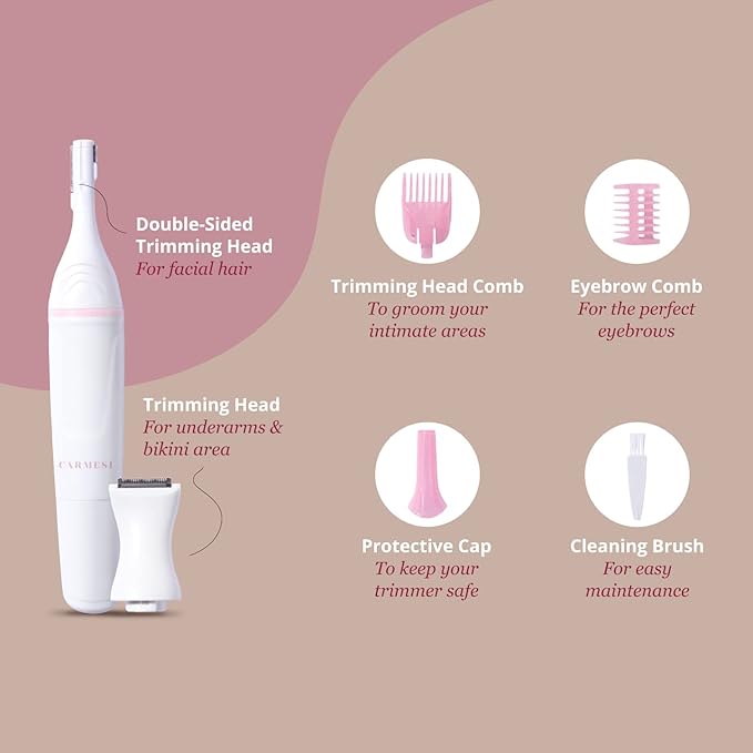 Carmesi Multipurpose Electric Trimmer | Painless Grooming for Sensitive Areas | Face Underarms Bikini Area | Comes with Eyebrow Comb Cleaning Brush Trimming Head Comb | Pack of 1