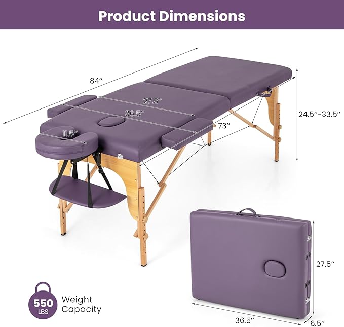 Giantex Massage Table Portable Massage Bed w/Carrying Case 2-Section Salon Spa Facial Care Tattoo Bed Height Adjustable Wood Frame Professional Massage Lash Bed for Eyelash Extension (Purple)