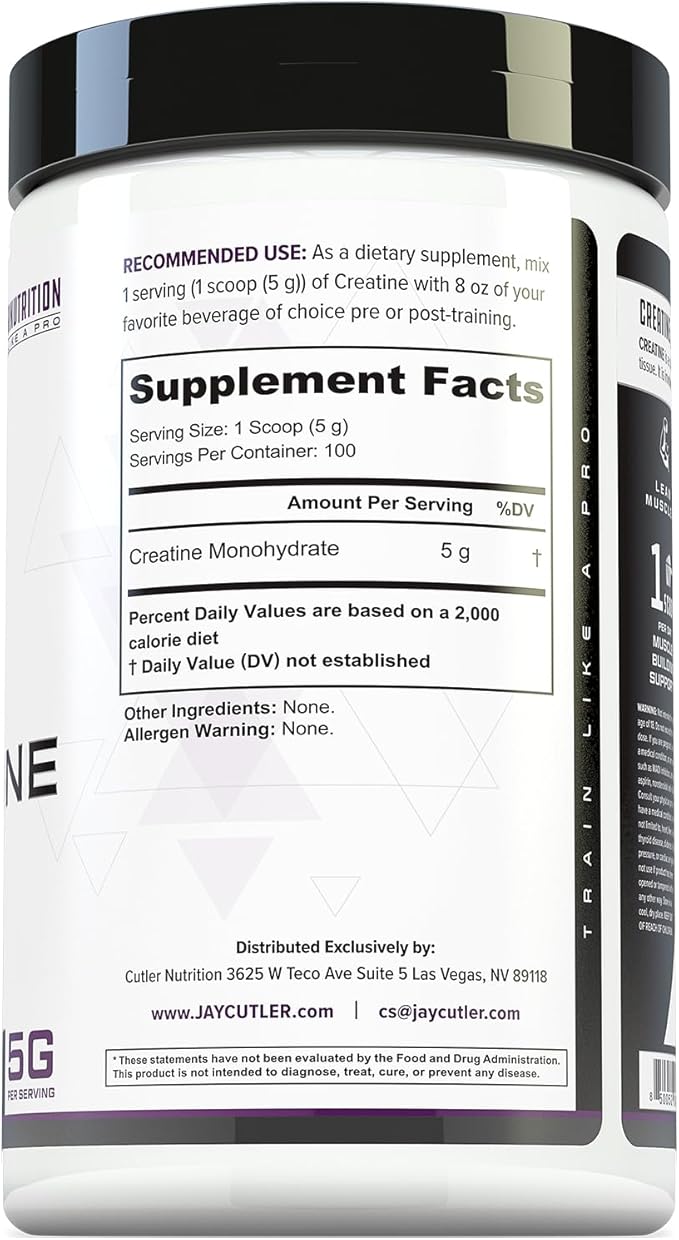 Cutler Nutrition Pure Creatine Monohydrate - 5g Per Serving - Premium Muscle Builder Enhances Strength Performance &amp Recovery - Unflavored for Easy Mixing (100 Servings)