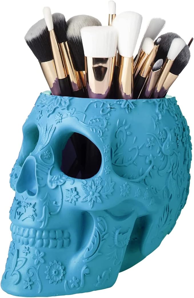 Skull Makeup Brush Holder Pen Holder Vanity Desk Office Organizer Stationary Decor Planter Candy Bowl Goth Decorations Extra Large Skulls Gothic Skull &amp Bones Organizer Bathroom (Blue)