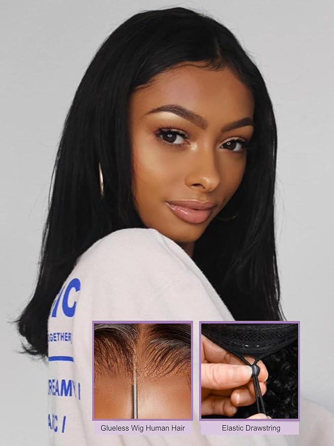 YIROO Bye Bye Knots 7x5 Lace Straight Bob Wig Glueless Human Hair Wig with Elastic DrawstringPre Plucked Pre Cut Short Bob Lace Closure Wig Wear and Go Natural Color 150% Density 12Inch
