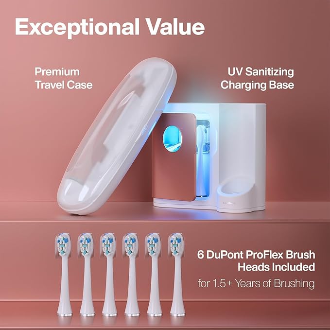 Aquasonic Vibe Series PRO ? Ultra-Whitening Electric Toothbrush ? 5 Modes &amp Smart Timers ? UV Sanitizing Base ? ADA Accepted (Satin Rose Gold)