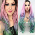 xiweiya Pink to Blue Green Ombre Wavy Wig 24 Long 180% Density Heat Resistant Synthetic Hair Lace Front Medium Cap Size 22.5 Inches