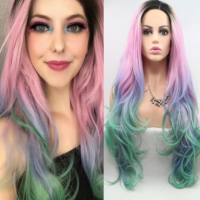xiweiya Pink to Blue Green Ombre Wavy Wig 24 Long 180% Density Heat Resistant Synthetic Hair Lace Front Medium Cap Size 22.5 Inches