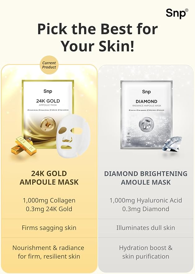 SNP 1000mg Collagen + 24K Gold Ampoule Sheet Mask | Collagen Face Masks Skincare | Tightening Hydrating and Nourishing | Korean Skin Care | Overnight Face Masks | Moisturizing Face Mask | 10 Sheets