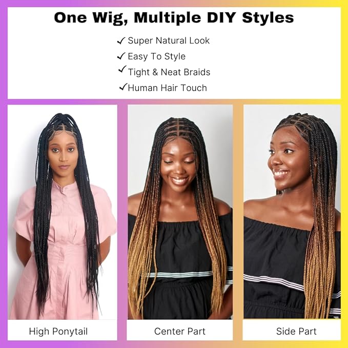 Wow Braids Box Braid Wig - Knotless Braided Wigs for Black women with 360 glueless Full Swiss Lace Cap &amp Human Baby Hair Frontal Synthetic Long Neat African Handmade Braiding - 36 / Ombre C14