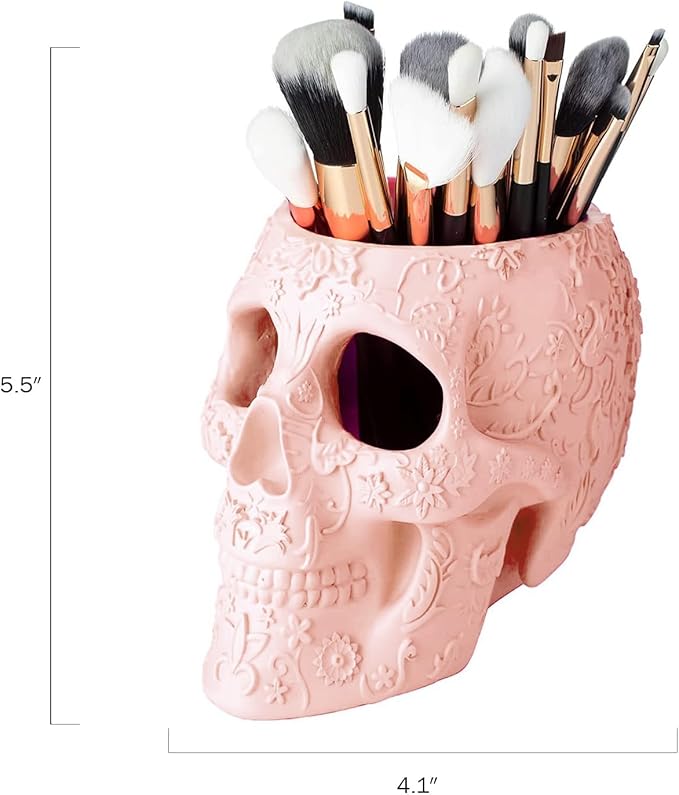 Skull Makeup Brush Holder Pen Holder Vanity Desk Office Organizer Stationary Decor Planter Candy Bowl Goth Decorations Extra Large Skulls Gothic Skull &amp Bones Organizer Bathroom (Cloud P