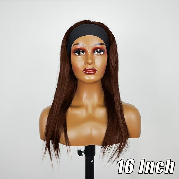 Straight Chocolate Brown Headband Wig Human Hair for Women 14-Inch 180% Density Headband Wigs Glueless Human Hair Wig(Straight #4)