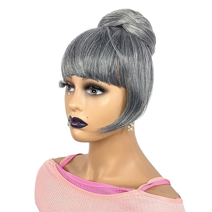 Grey Bun &amp Bangs Set 2PCS - Quick Clip in Ponytail Bun with Bang M Size Updo Twist Braided Chignon Scrunchie Hair Piece for Black Women