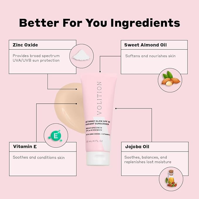 Volition Beauty Getaway Glow SPF 30 Radiant Sunscreen with Zinc Oxide + Vitamin E | Reef-Safe Mineral Sunblock with No White Cast | Silky Smooth with Glossy Finish