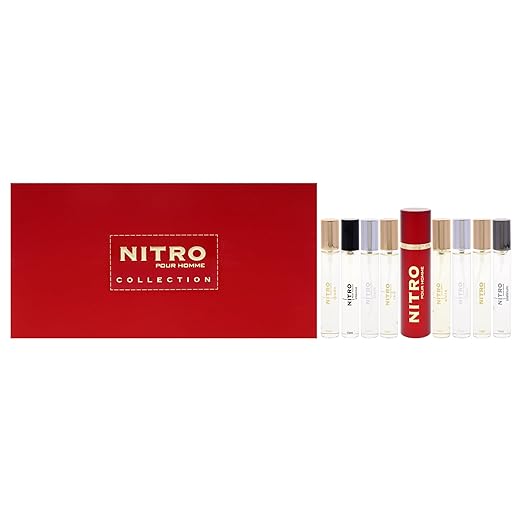 Nitro Collection by Dumont for Men ? 9pc Mini Gift Set: 8 x 0.34oz EDP Vials (Black Green Intense Platinum Red White Blue Nitro Pour Homme) + Travel Spray Case