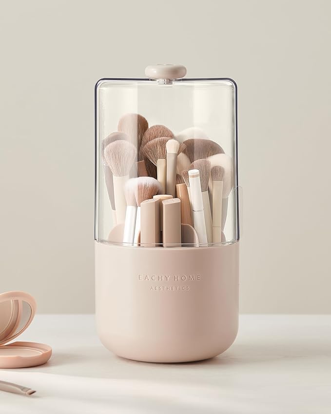 EACHY Makeup Brush Holder 360° Rotating with Dustproof Lid Waterproof Material 7 Compartments for Organized Storage Stylish and Durable Design for Vanity (Pink)
