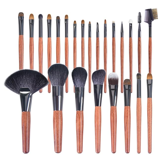 Professional Makeup Brush Set 24 Pieces with Leather Case Natural Hair Bristles Wooden Handles