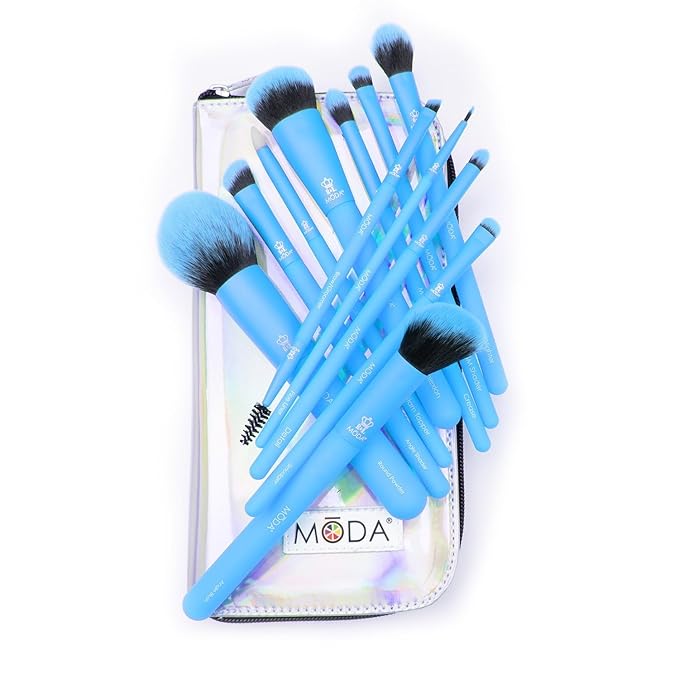 MODA Totally Electric Neon Blue Full Face Makeup Brush Kit ? 13pc Vibrant Brush Set for Face &amp Eyes with Zip Case