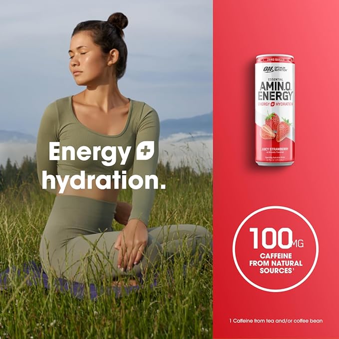 Optimum Nutrition Amino Energy Sparkling Hydration Drink Electrolytes Caffeine Amino Acids BCAAs Sugar Free Juicy Strawberry 12 Fl Oz 12 Pack (Packaging May Vary)