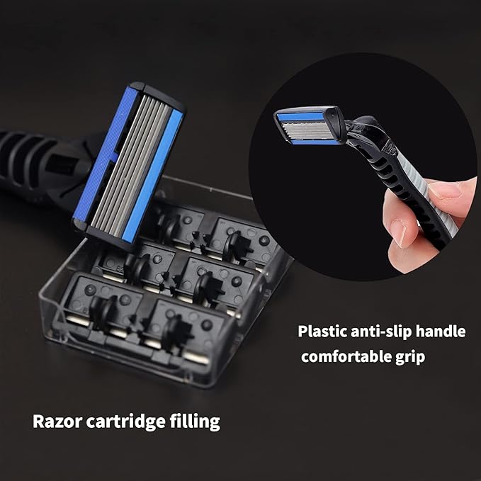 6-Blade RazorPlastic Anti-slip Men Manual Refill Cartridges razors Reusable Face Cleansing Care Tool 30 pcs refill cartridges Shave Supplies for Men and Women - Black