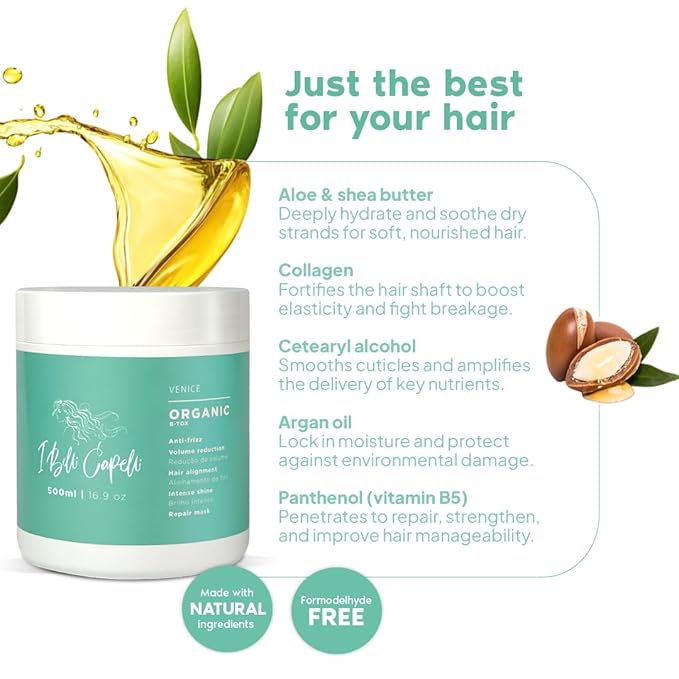I Belli Capelli Venice B-tox Kit Hair B-tox Treatment &amp Argan Oil Mask 250g - B-tox Capilar Para el Cabello Formaldehyde-Free - Anti-Frizz Smoothing (1 B-tox+ 1 Mask)