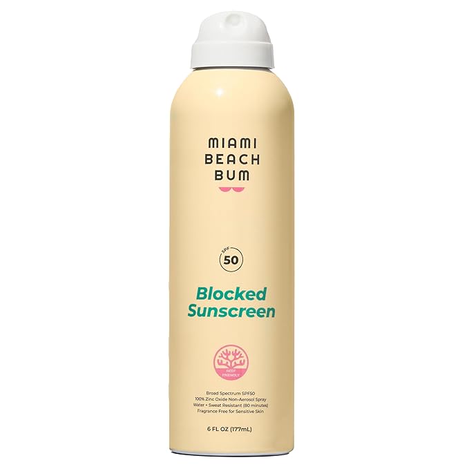 Miami Beach Bum SPF 50 Blocked Mineral BOV Spray (6 Fl oz) with Algae Aloe &amp Antioxidants Broad Spectrum Sunscreen Non-Aerosol Hawaii Reef Compliant - Octinoxate Oxybenzone &amp Petroleum Fr