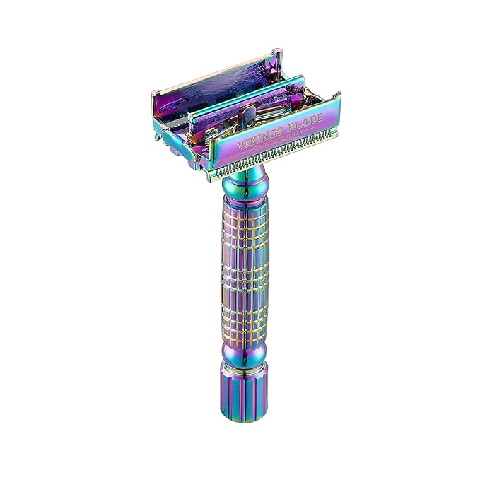 VIKINGS BLADE Double Edge Safety Razor + 5 Swedish Steel Blades + Luxury Case. Smooth Reusable Recyclable (Chieftain Aurora)