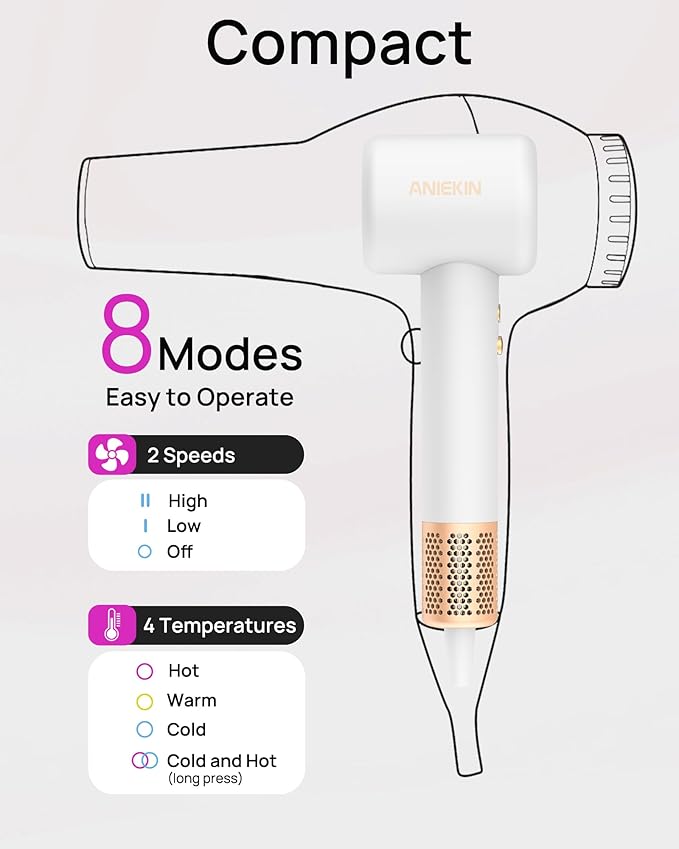 Hair Dryer High-Speed Ionic Low Noise Blow Dryer with Brushless Motor for Fast Drying Thermo-Control Quiet Compact Hair Blow Dryer with Magnetic Diffuser for Curly Hair for Home Travel Salon