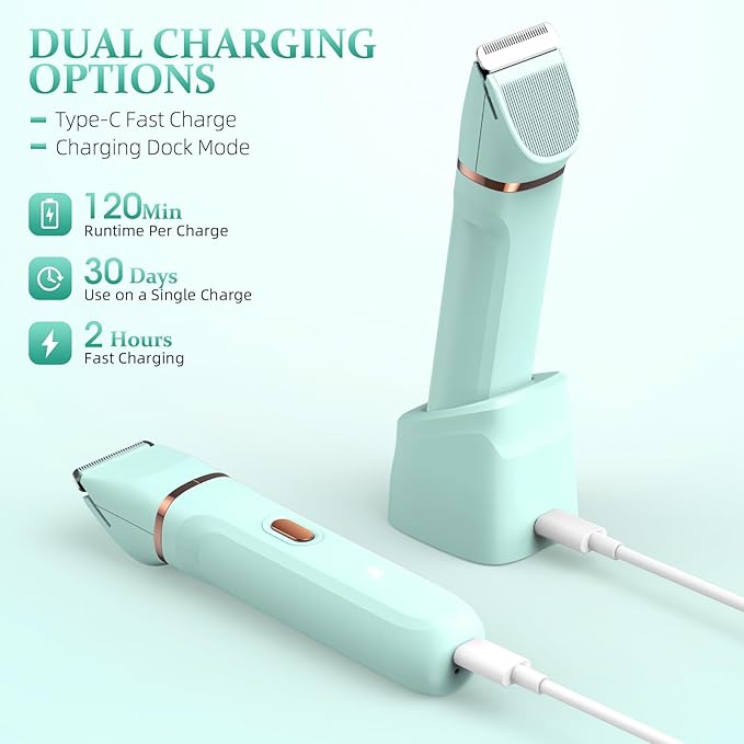 5-in-1 Bikini Trimmer for Women IPX7 Waterproof Electric Razors Shaver Cordless Body Hair Trimmer Facial &amp Pubic Hair Removal Ceramic Blade (Pure Green)