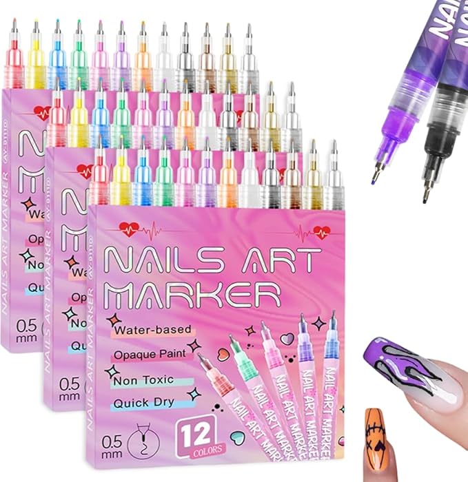 12 Colors Nail Art Pens Set for Painting Nails 0.5 MM Nail Art Markers Fine Tip Polish Pens for 3D Nail Art Nail Design Tools Gel Nails Doodle Pens for Drawing Point Liner (A- 3 Sets)