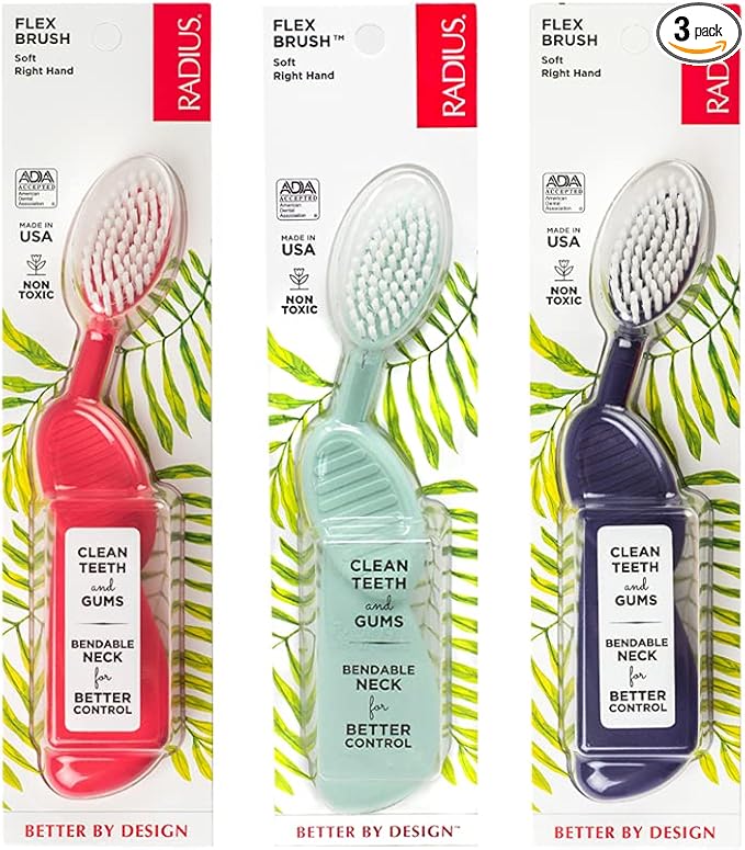 RADIUS Flex Brush Toothbrush Designed to Improve Gum Health &amp Reduce Gum Issues - Right Hand - Purple/Watermelon/Mint Green - Pack of 3