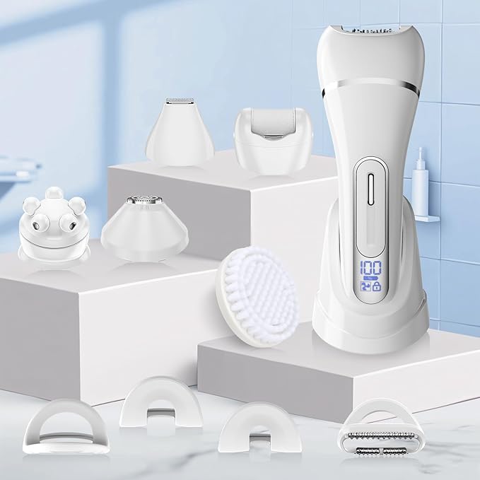 Electric Shavers for Women 7 in 1 Hair Removal Kit with Epilator Bikini Trimmer Face Razor Body Brush Face Massager Foot Callus Remover IPX7 Waterproof Lady Razors Set for Legs Armpit Bikini Pubic
