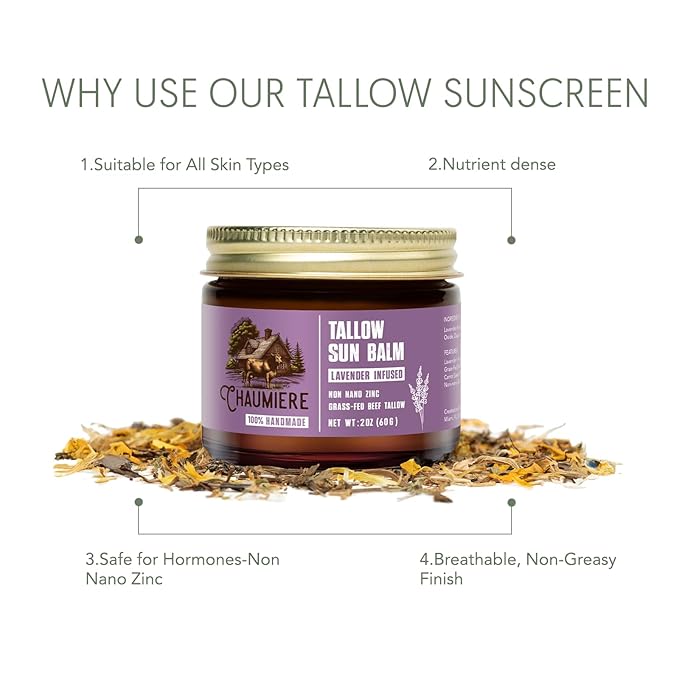 Lavender Tallow Sunscreen SPF 50 ? Grass-Fed Beef Tallow Balm with Carrot Seed Oil &amp Non-Nano Zinc ? Organic Face &amp Body Moisturizer Reef Safe Naturally Scented ? 2.5oz x 3 Made in USA