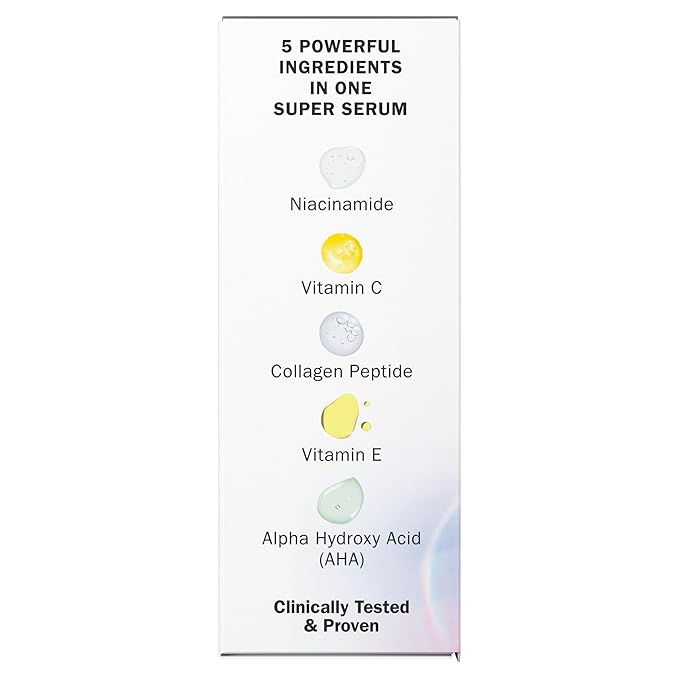 Olay Super Serum - Niacinamide Vitamin C &amp E Collagen Peptide AHA - 5-in-1 Skin Care Benefits for Face - Healthy Glow Brightening Hydrating Smoothing Firming Evens Tone Anti-Aging 1.7 Oz