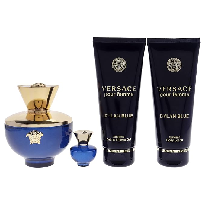 Versace Dylan Blue 3.4oz EDP Spray 3.4oz Body Lotion 3.4oz Bath and Shower Gel 0.16oz EDP Spray Women 4 Pc Gift Set