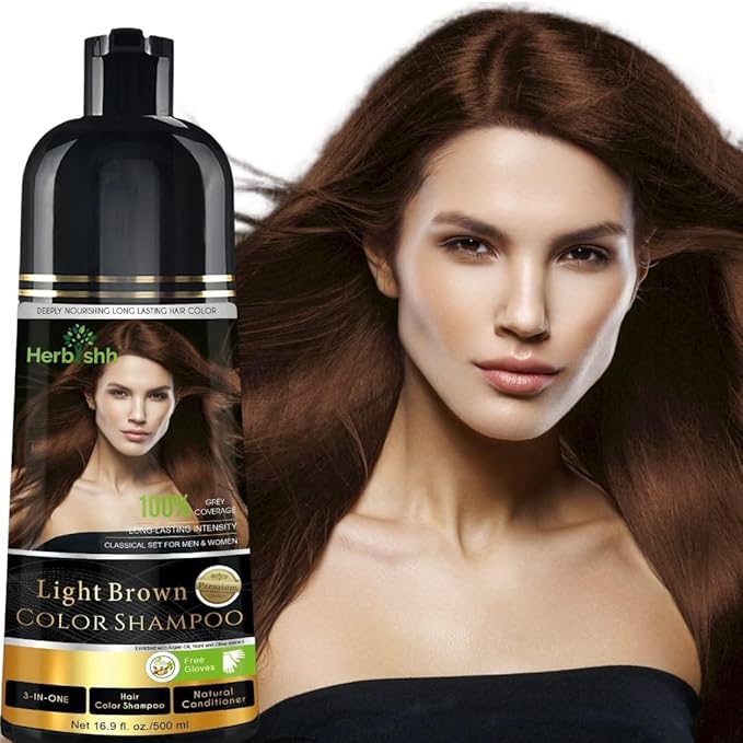 Herbishh 3-In-1 Magic Hair Dye Shampoo for Gray Hair - Light Brown 500 Ml Ammonia-Free Long Lasting Colors Hair in MinutesUnisex