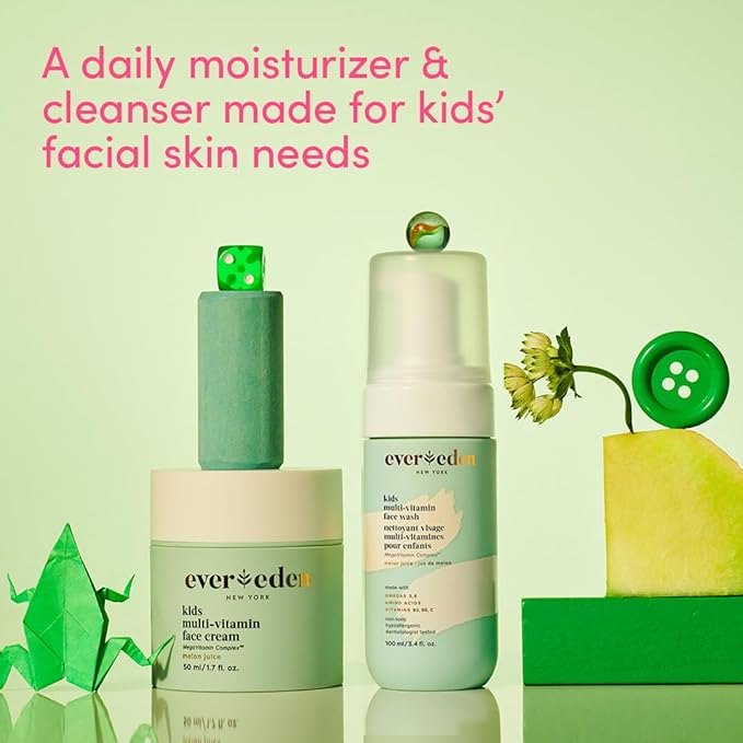 Evereden Kids Happy Face Duo (Melon Juice) - Multi-Vitamin Face Wash &amp Face Cream Set - Clean &amp Vegan Skin Care for Kids 3+ - Moisturizing Nourishing &amp Protective Skin Care Set