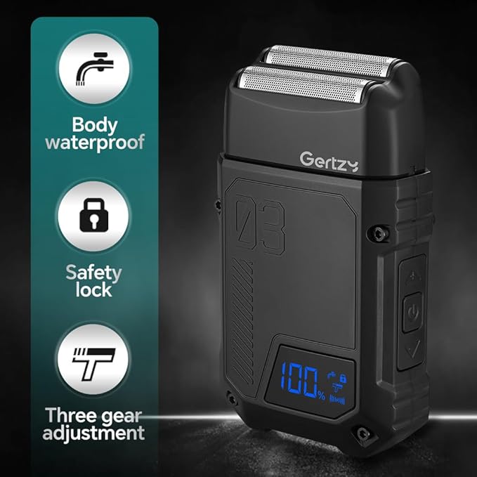 Gertzy Electric Shaver for Men Face Men's Razor Cordless Beard Foil Shavers Wet Dry Waterproof 3-Speed Adjustable ShavingRechargeable Type-C Charging LED Display (Black)