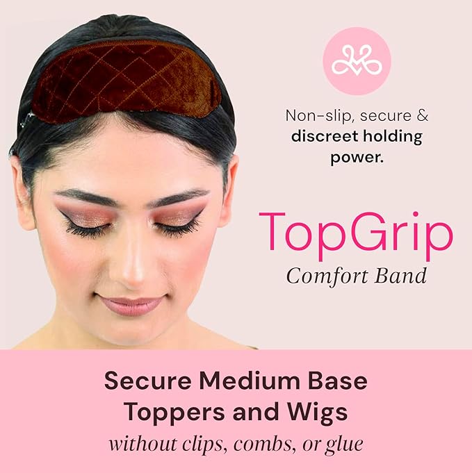 MILANO COLLECTION Glueless Top Grip for Hair Topper &amp Wiglets Adjustable Translucent Strap with Side Openings Top Headband for Your Wig or Topper Includes Clips Brown Medium