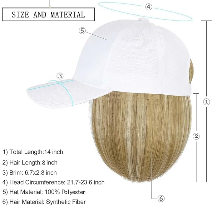 Woman Baseball Cap with Hair Extensions Straight Short Bob Hairstyle Adjustable Wig Hat 14inch Duck Tongue Hat Wig