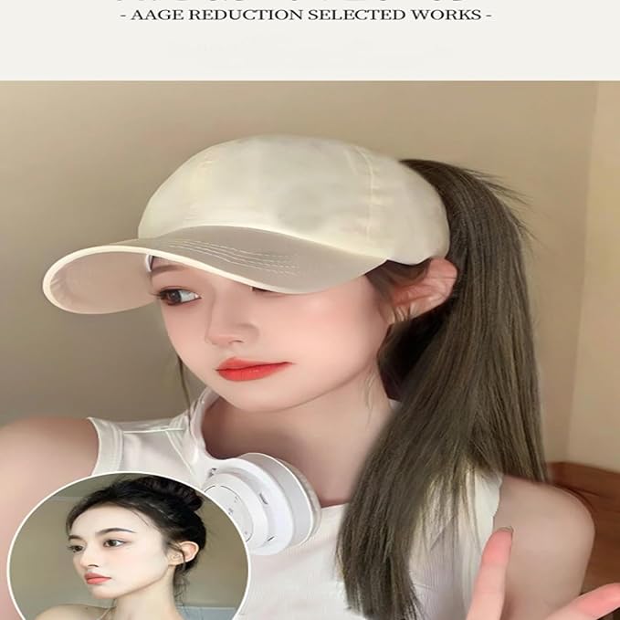 Women's Baseball Cap Wig with Straight Hair High Ponytail - Beige Hat - Brown Black
