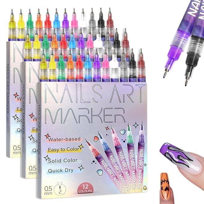 12 Colors Nail Art Pens Set 2026 New Nail Art Markers for Gel Nails 3D Nail Polish Markers Quick Dry Dotting Point Liner Pens Acrylic Paint Pens for Drawing Painting DIY Nail Art (3 Set)