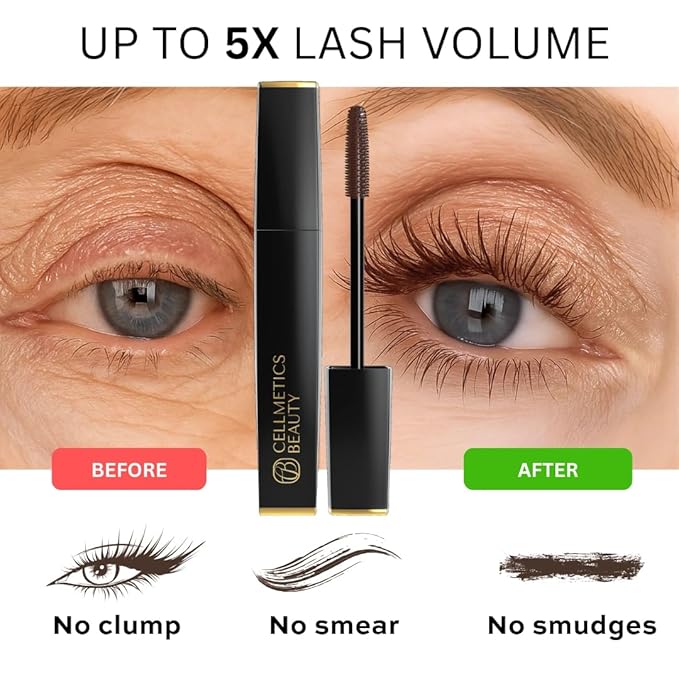 Cellmetics Mascara for Older Women 60 Plus Volumizing &amp Lengthening Tubing Mascara with Lash Growth Effect Hypoallergenic Smudge-Free and Gentle for Sensitive Eyes (Brown)