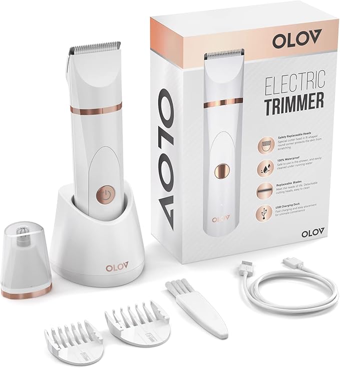 OLOV Electric Body Hair Trimmer - Groin Trimmer for Men - Bikini Trimmer Women - Wet/Dry Shaver Groomer Replaceable Ceramic Blade Heads USB Recharge Dock Waterproof Hygiene Razor White