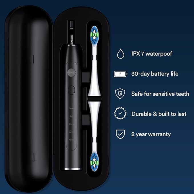 AURAGLOW Sonus Electric Toothbrush 5 Cleaning Modes 2 Brush Heads &amp Travel Case 40000 VPM Sonic Toothbrush &amp Wireless Charging 30-Day Battery Life with Smart Timer Black